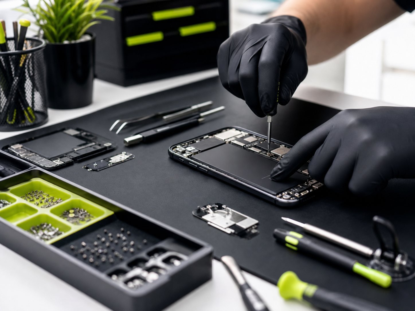 Opened iPhone prepared for battery replacement with precision tools nearby