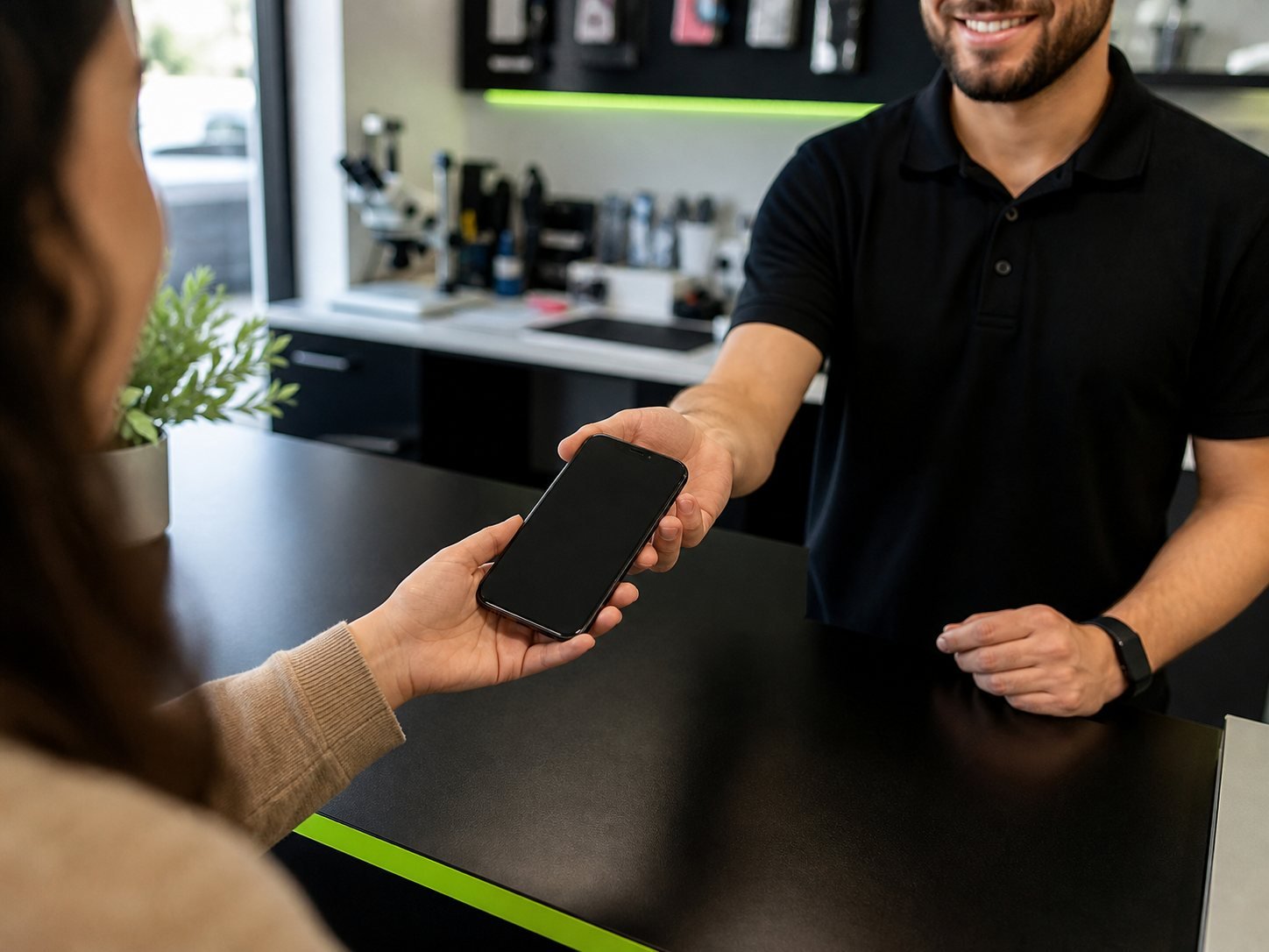Repair technician handing a fixed phone back to a customer at the counter