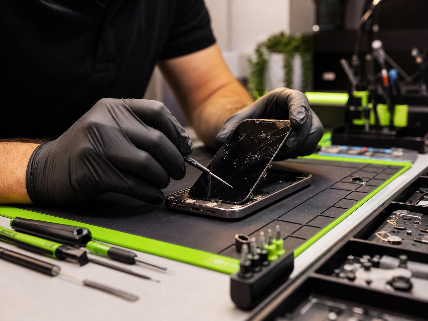 Technician replacing a cracked iPhone screen on a clean repair bench